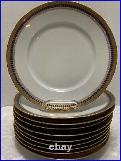 10 ART DECO Silesia DINNER PLATES Antiq Gold Encrusted Cobalt Blue Geometric Tr