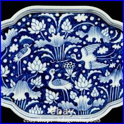 10 Old China Marked Blue White Porcelain Animal Lotus Flower Pattern Plate Tray