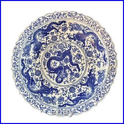 12 Chinese Antique Qianlong Mark Blue & White Nine Dragons Porcelain Plate