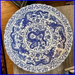 12 Chinese Antique Qianlong Mark Blue & White Nine Dragons Porcelain Plate