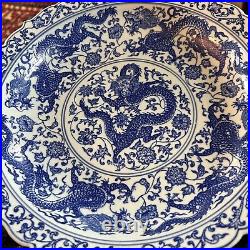 12 Chinese Antique Qianlong Mark Blue & White Nine Dragons Porcelain Plate