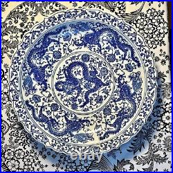 12 Chinese Antique Qianlong Mark Blue & White Nine Dragons Porcelain Plate