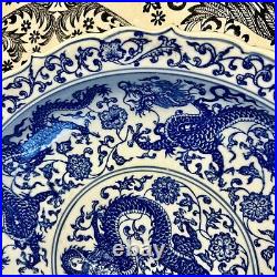 12 Chinese Antique Qianlong Mark Blue & White Nine Dragons Porcelain Plate