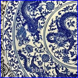 12 Chinese Antique Qianlong Mark Blue & White Nine Dragons Porcelain Plate