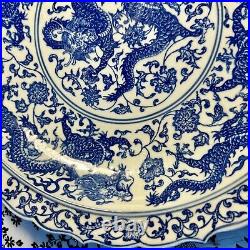 12 Chinese Antique Qianlong Mark Blue & White Nine Dragons Porcelain Plate