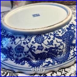 12 Chinese Antique Qianlong Mark Blue & White Nine Dragons Porcelain Plate