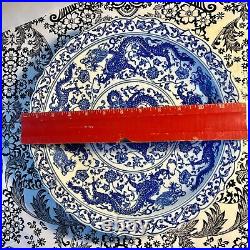 12 Chinese Antique Qianlong Mark Blue & White Nine Dragons Porcelain Plate