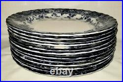 12 flow blue dinner PLATES, Chatsworth, Keeling & Co, rocaille, roses, 10.5