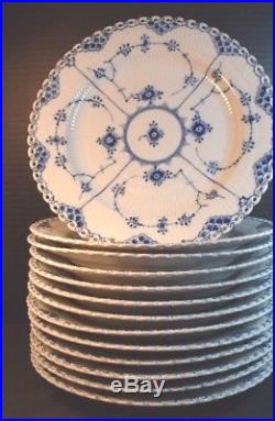 13 Vintage Royal Copenhagen Blue and White Fluted Full Lace Dinner Plates
