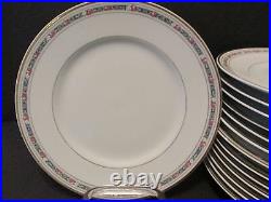 14 Vintage LIMOGES 8.3 LUNCHEON PLATES Pink Roses Blue Band Gold Tr Bernardaud