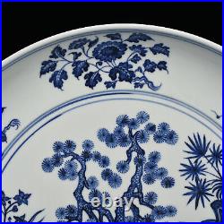 15.7 Antique dynasty Porcelain yongle mark Blue white pine flowers plants plate