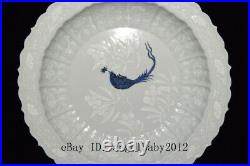 16 Chinese old Porcelain ming yongle blue white carved flowers bird plate