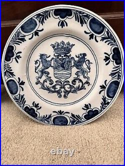 1700s 18th century Delft blue and white Plate dish with coat of arms