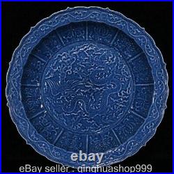 17.6 XuanDe Marked Blue White Porcelain Dragon Beast Pattern Tray Plate Pair
