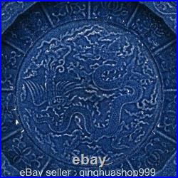 17.6 XuanDe Marked Blue White Porcelain Dragon Beast Pattern Tray Plate Pair