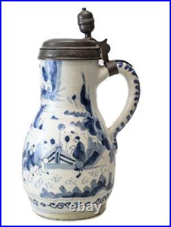 17th 18th Century Pewter mounted German Faience Tankard, blue and white