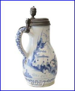 17th 18th Century Pewter mounted German Faience Tankard, blue and white