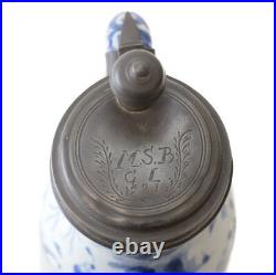 17th 18th Century Pewter mounted German Faience Tankard, blue and white