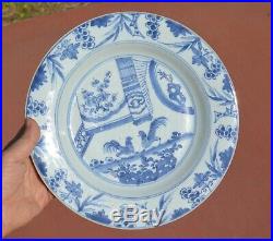 17th Century Kangxi Chinese Blue & White Porcelain Plate with Rooster Chicken