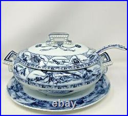 1872 Brown Westhead Moore Tureen, Lid, Under Plate, & Ladle Asian Blue & White