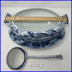 1872 Brown Westhead Moore Tureen, Lid, Under Plate, & Ladle Asian Blue & White