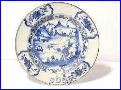 18thC Qianlong Chinese Blue & White Plate Mountain River Scene Carved Rim a/f