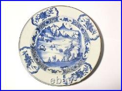 18thC Qianlong Chinese Blue & White Plate Mountain River Scene Carved Rim a/f