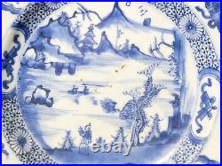 18thC Qianlong Chinese Blue & White Plate Mountain River Scene Carved Rim a/f