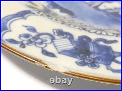 18thC Qianlong Chinese Blue & White Plate Mountain River Scene Carved Rim a/f