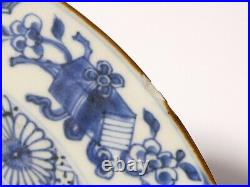 18thC Qianlong Chinese Blue & White Plate Mountain River Scene Carved Rim a/f