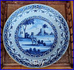 18th C Antique Dutch Delft Faience Pottery Plate Charger Blue & White Signed 12