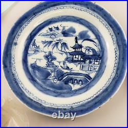 18th C. Chinese Antique Export Blue White Porcelain Bowl Plate Qing Canton 4 pc