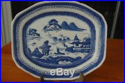 18th Century Chinese Canton Blue & White Medium Serving Platter Cloud & Rain