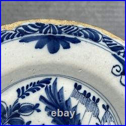 18th Century Delft Delftware 23cm Blue & White Tin Glazed Earthenware Plate