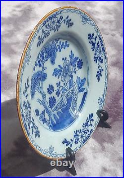 18th Century Dutch Delft Blue & White Porceleyne Bijl Chinoiserie Pottery Plate