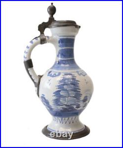 18th Century Pewter mounted Continental Faience Ewer Jug painted blue and white