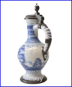 18th Century Pewter mounted Continental Faience Ewer Jug painted blue and white