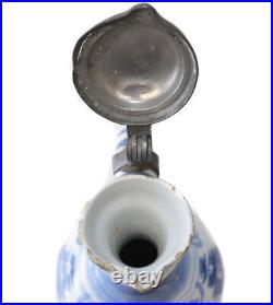 18th Century Pewter mounted Continental Faience Ewer Jug painted blue and white