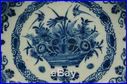 18th Delft Blue & White Dutch Porcelain Plate Handpainted Bird & Flowers Signed