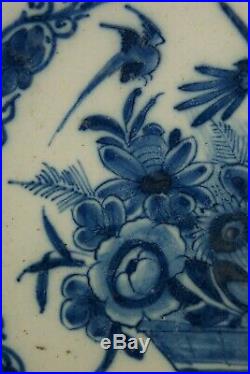 18th Delft Blue & White Dutch Porcelain Plate Handpainted Bird & Flowers Signed