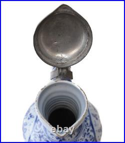 18th century Pewter mounted Continental Faience Jug, painted blue and white