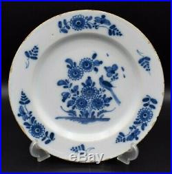 18thc English London Antique Delft Blue White Plate With Bird & Flowers