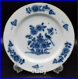 18thc English London Antique Delft Blue White Plate With Bird & Flowers