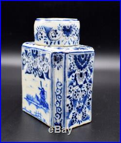 18thc Tea Caddy Antique Delft Faience Blue White Tea Caddy Painted Blue Flowers