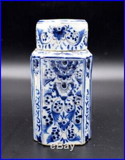 18thc Tea Caddy Antique Delft Faience Blue White Tea Caddy Painted Blue Flowers