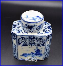 18thc Tea Caddy Antique Delft Faience Blue White Tea Caddy Painted Blue Flowers