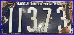1905 Massachusetts Auto Register license plate 11373 porcelain white blue first