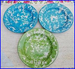 1930 Vintage Old 3 Pcs Blue White Green Shade Design Enamel Painted Plate IE48