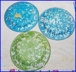 1930 Vintage Old 3 Pcs Blue White Green Shade Design Enamel Painted Plate IE48