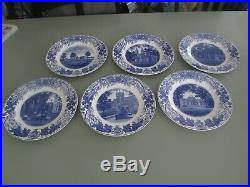 1948 Bowdoin College Wedgwood Set 6 Dinner Plates Blue & White Chapel historical
